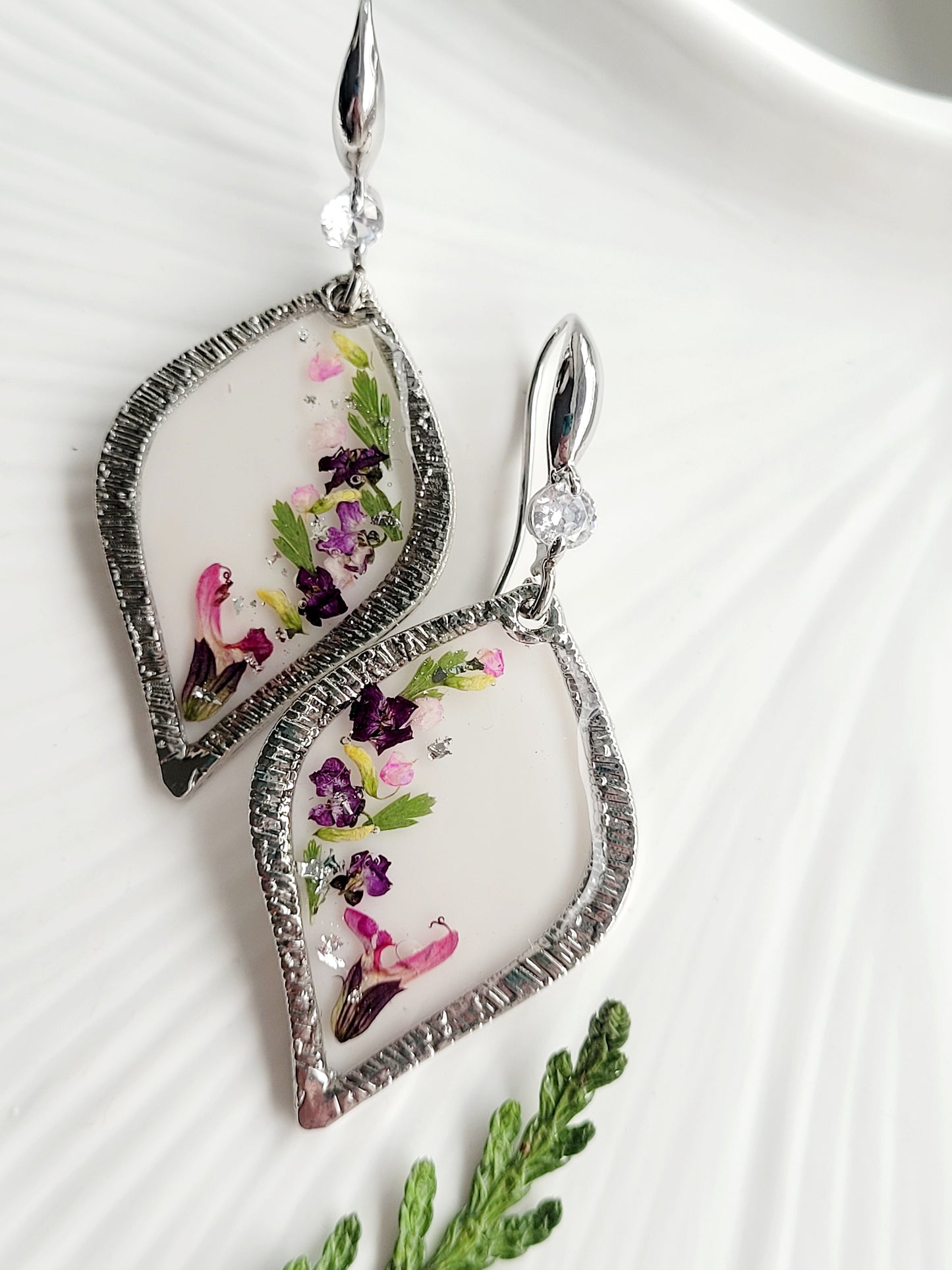 Floral handcrafted earrings with real whild flowers. Unique Gift. Unique Canadian jewelry