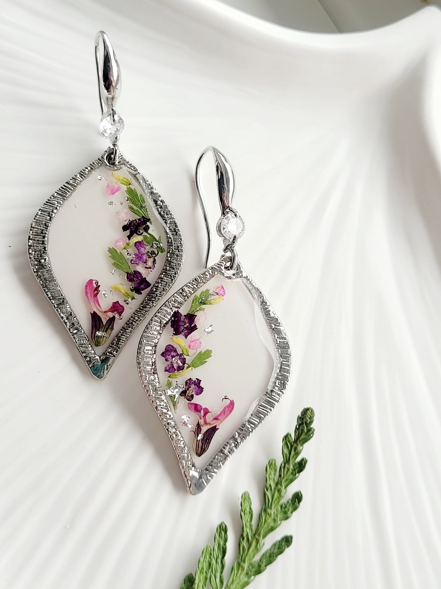Floral handcrafted earrings with real whild flowers. Unique Gift. Unique Canadian jewelry
