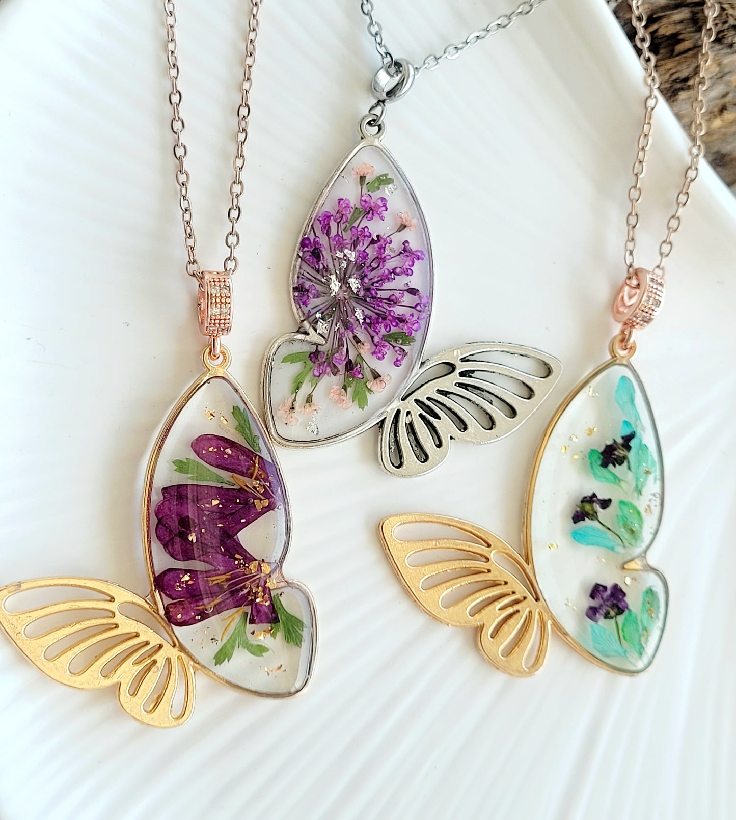Botanical, handcrafted maroon butterfly necklac with genuine flowers. Unique gift