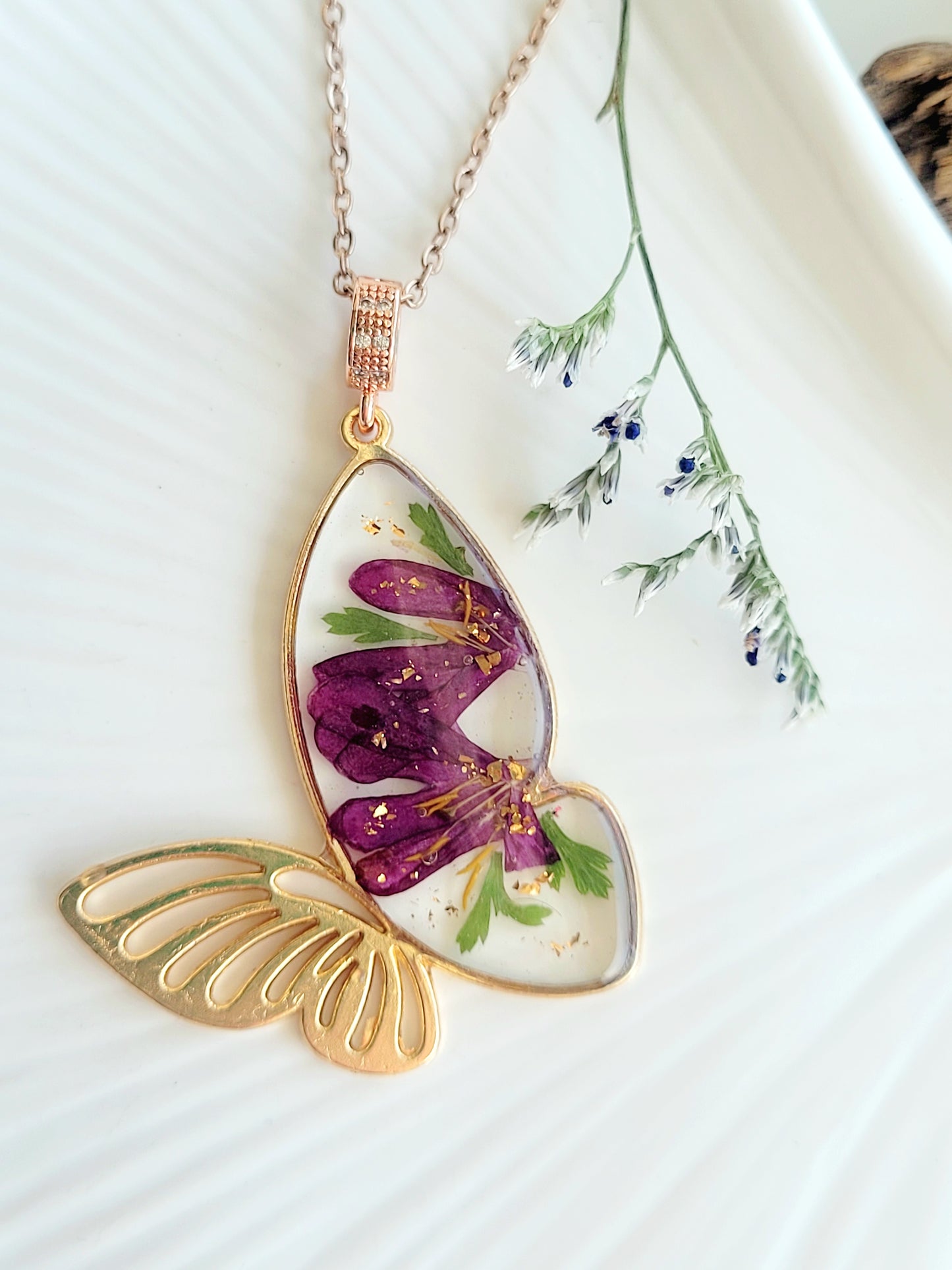 Botanical, handcrafted maroon butterfly necklac with genuine flowers. Unique gift