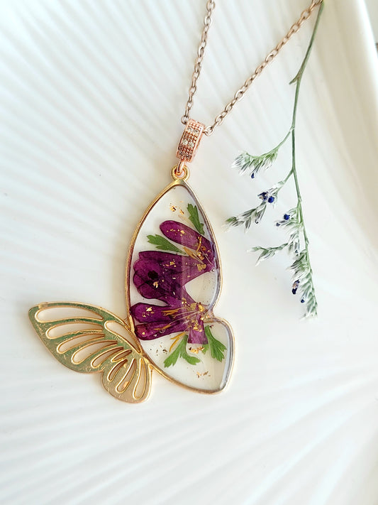 Botanical, handcrafted maroon butterfly necklac with genuine flowers. Unique gift