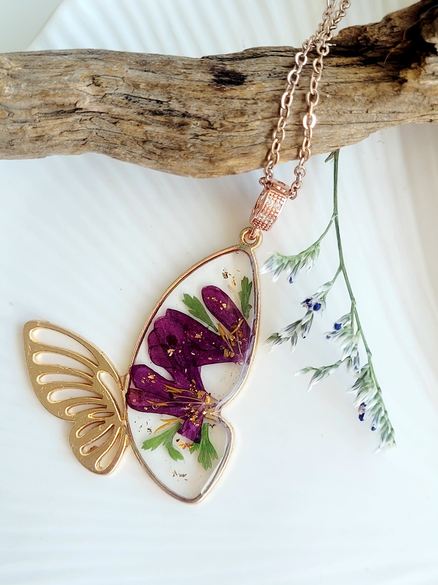 Botanical, handcrafted maroon butterfly necklac with genuine flowers. Unique gift