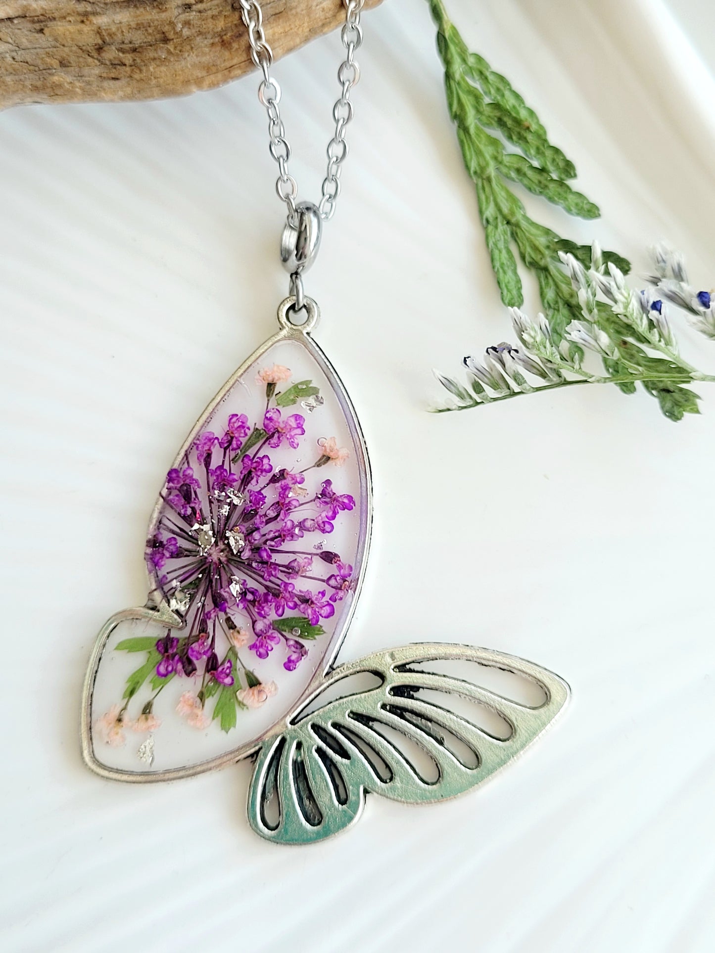 Botanical, handcrafted Queen Anne’s Lace butterfly necklace. Unique gift