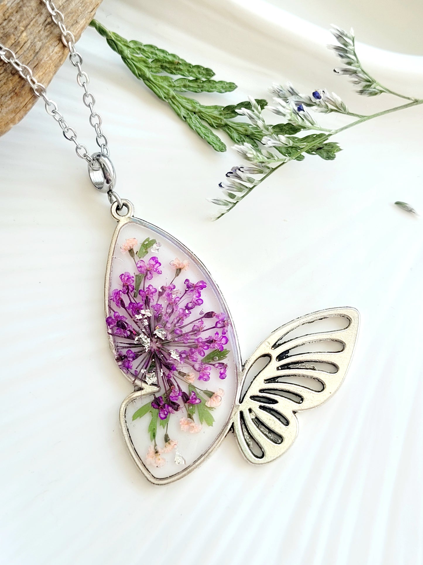 Botanical, handcrafted Queen Anne’s Lace butterfly necklace. Unique gift