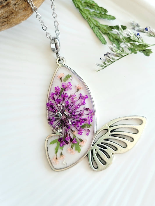 Botanical, handcrafted Queen Anne’s Lace butterfly necklace. Unique gift