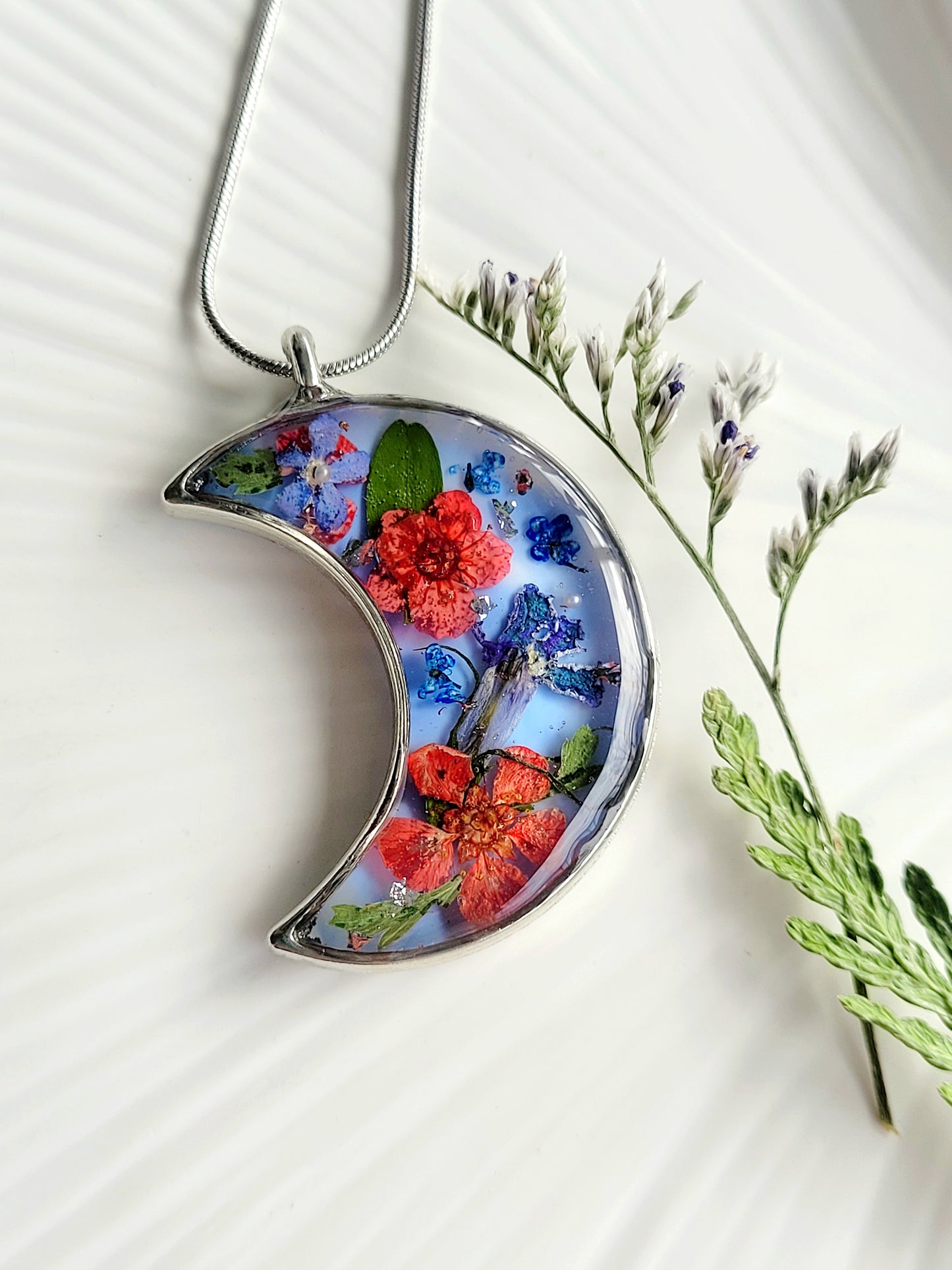 Handcrafted crescent necklace with real wildflowers, one-of-a-kind necklace and special gift for her.
