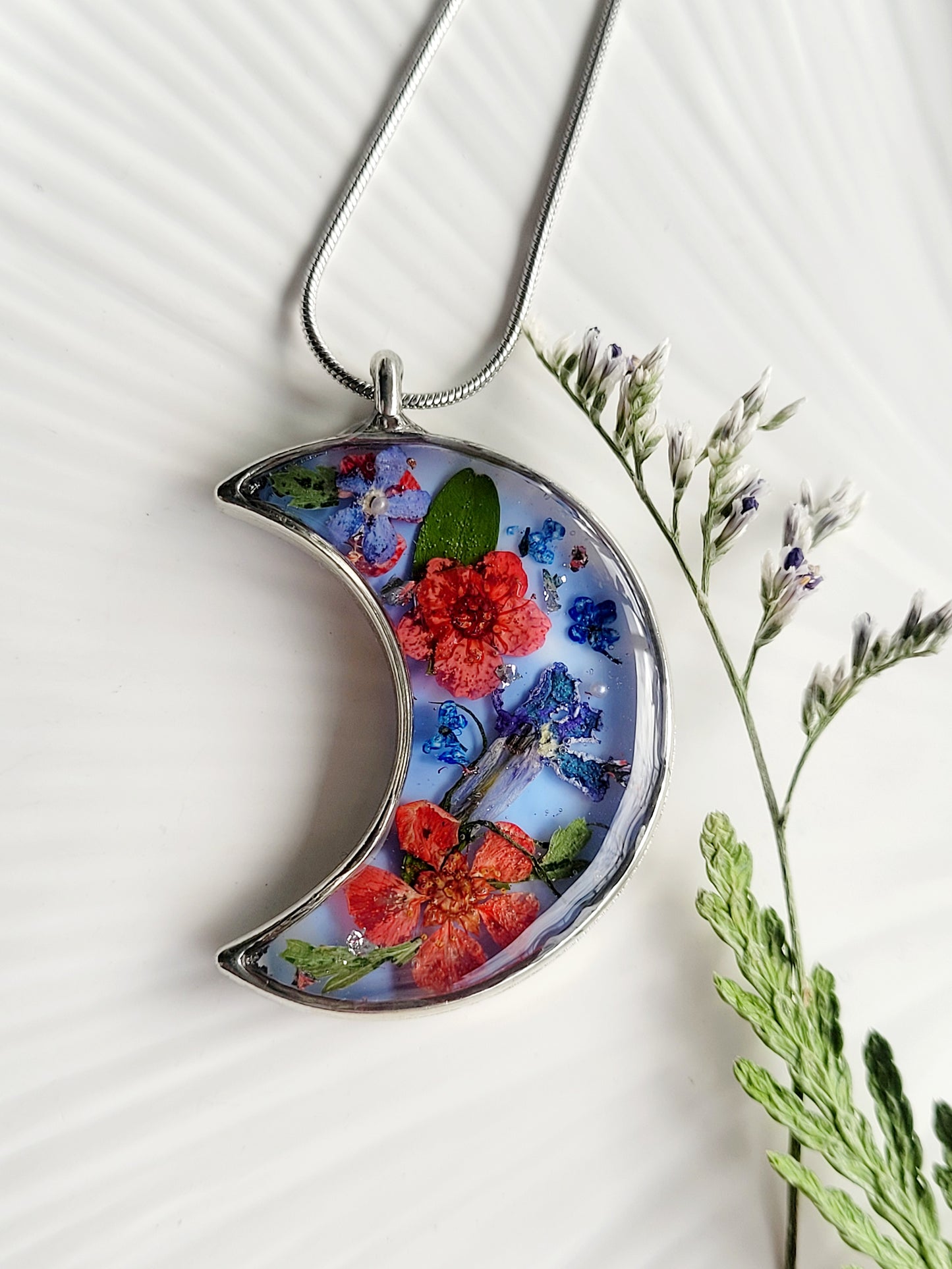 Handcrafted crescent necklace with real wildflowers, one-of-a-kind necklace and special gift for her.