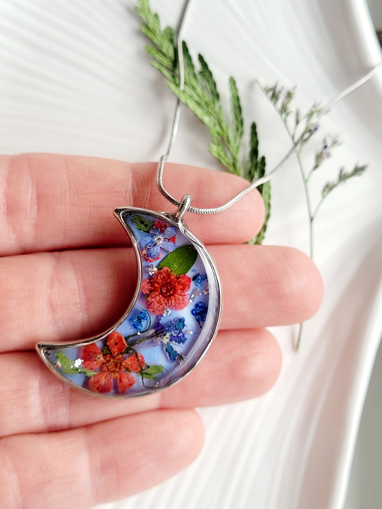 Handcrafted crescent necklace with real wildflowers, one-of-a-kind necklace and special gift for her.