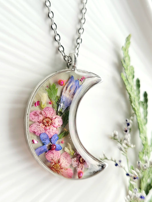 Handcrafted crescent necklace with real wildflowers, one-of-a-kind necklace and special gift for her.