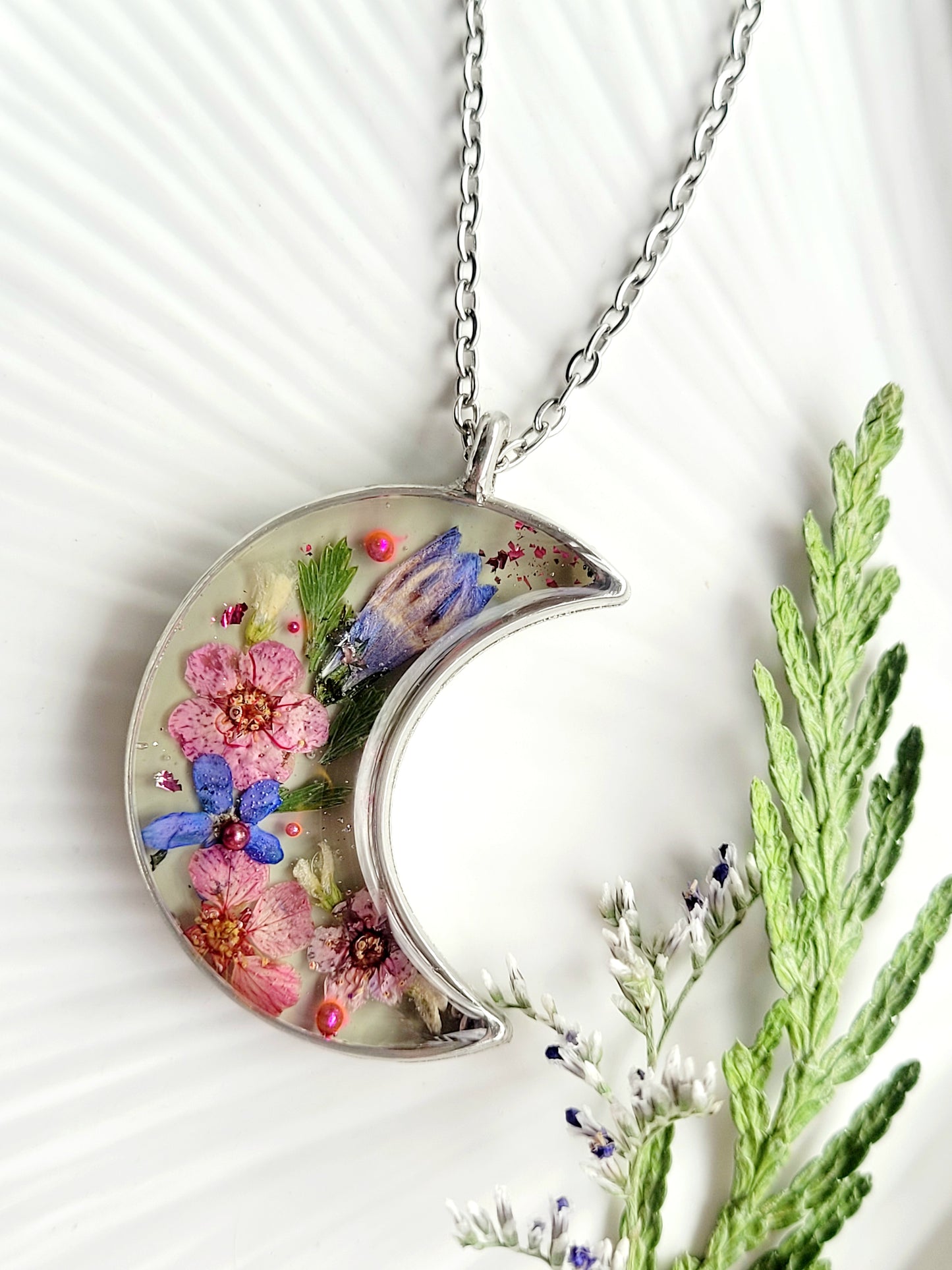 Handcrafted crescent necklace with real wildflowers, one-of-a-kind necklace and special gift for her.