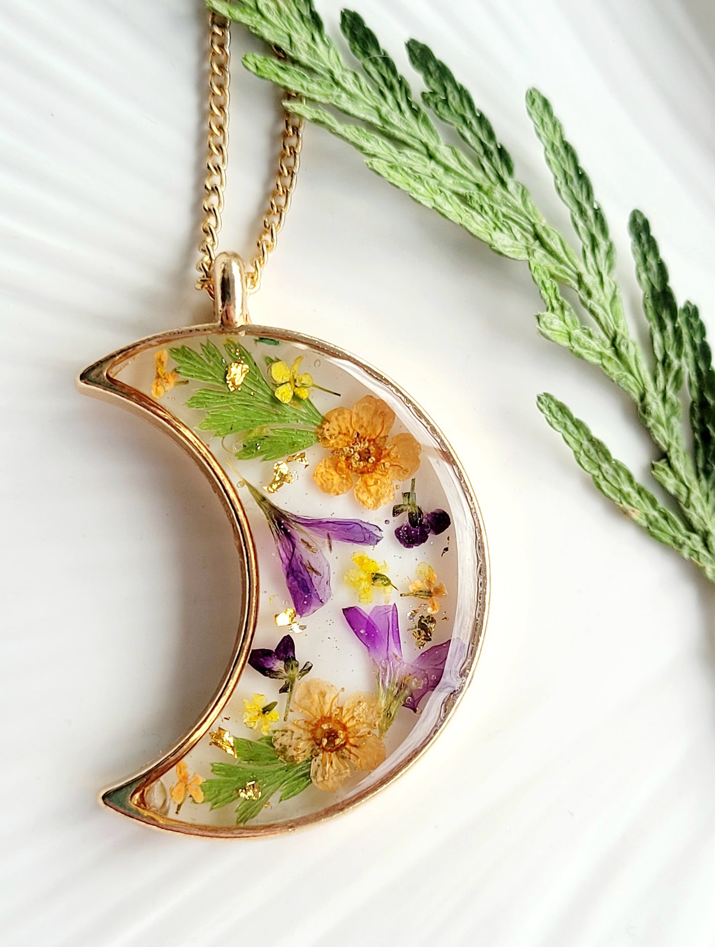 Handcrafted crescent necklace with real wildflowers, one-of-a-kind necklace and special gift for her.