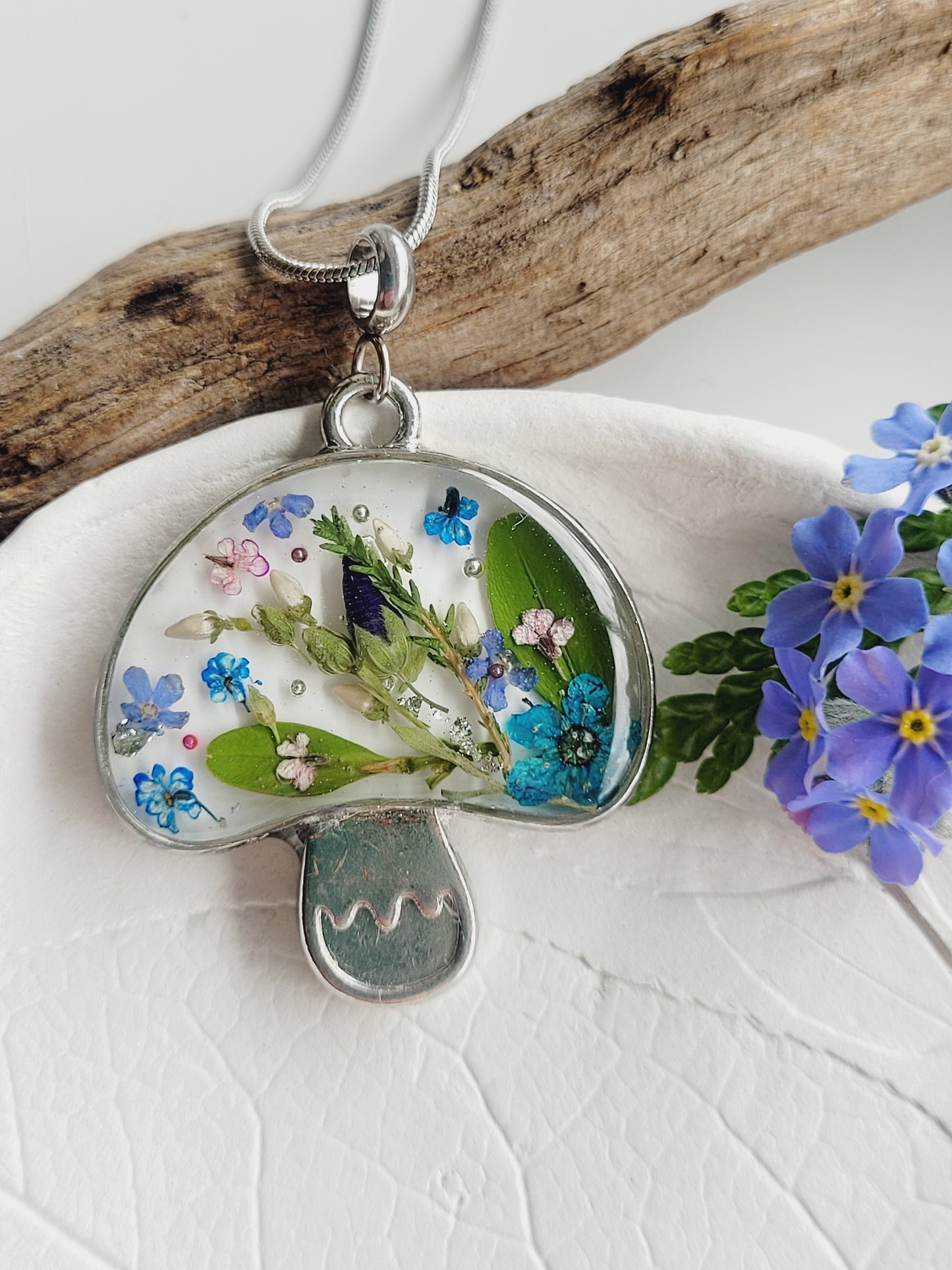 Botanical floral necklace with genuine wildflowers