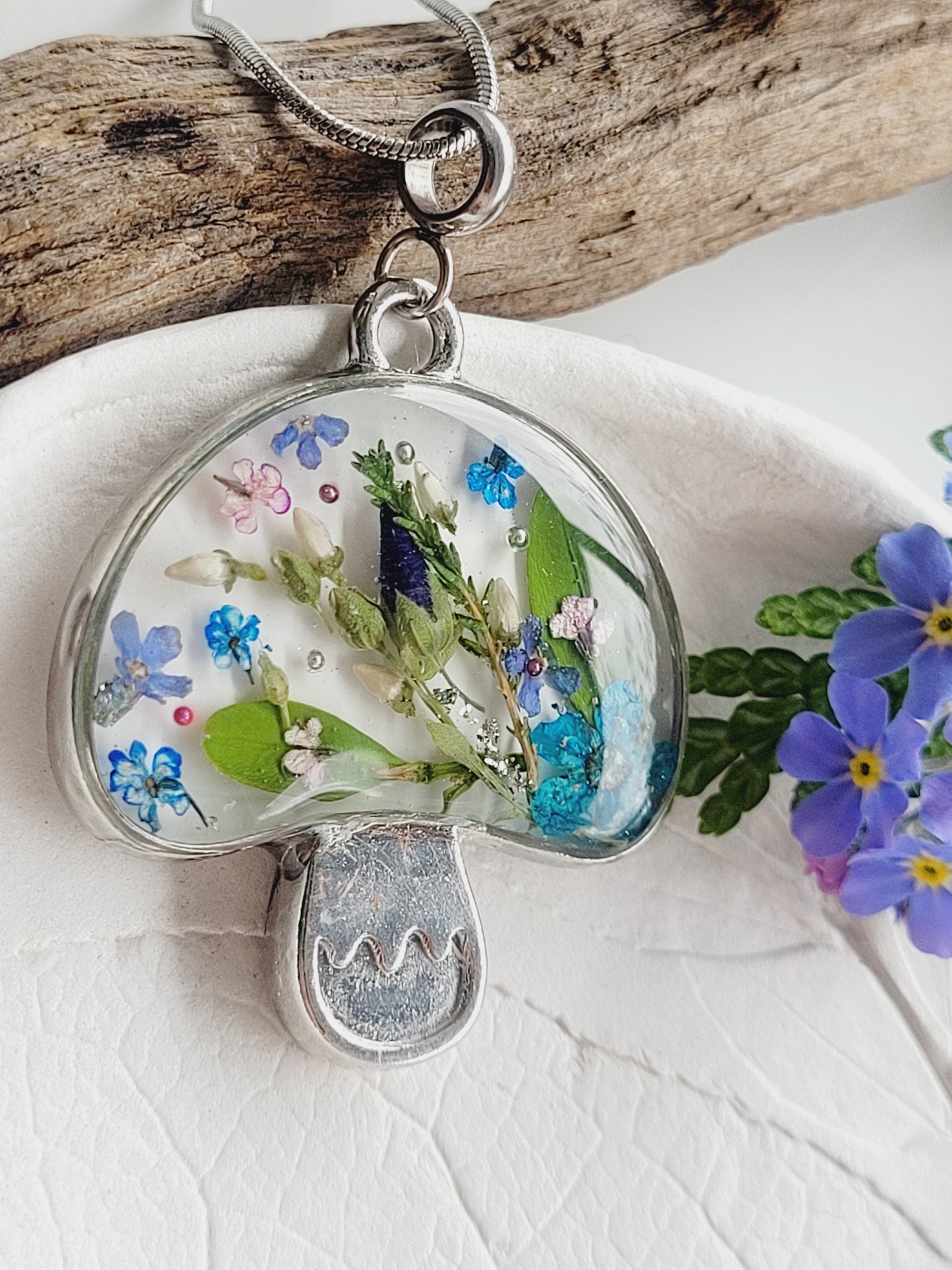 Botanical floral necklace with genuine wildflowers
