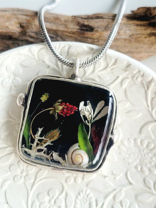 Square botanical handcrafted wild strawberry necklace.