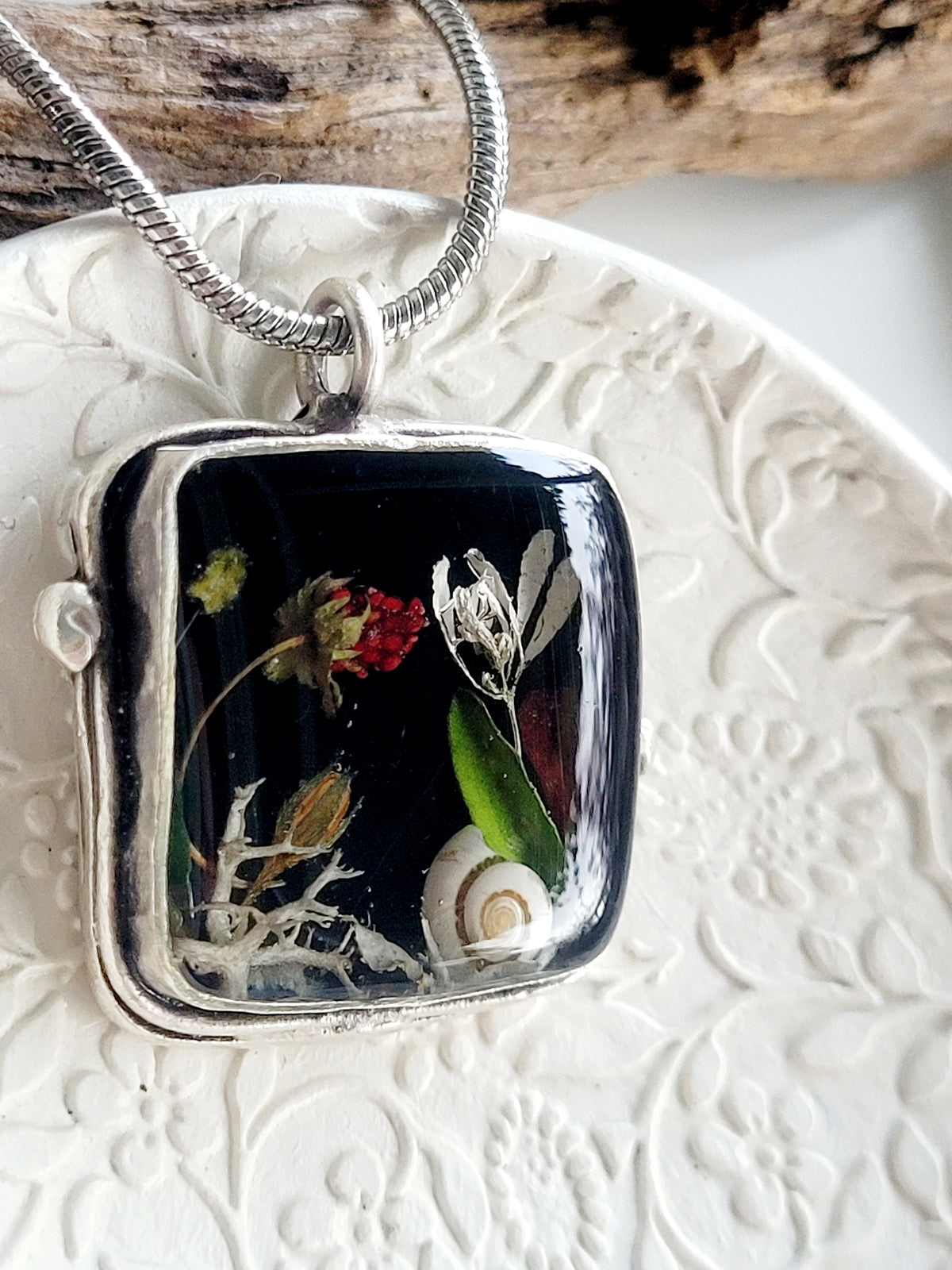 Square botanical handcrafted wild strawberry necklace.