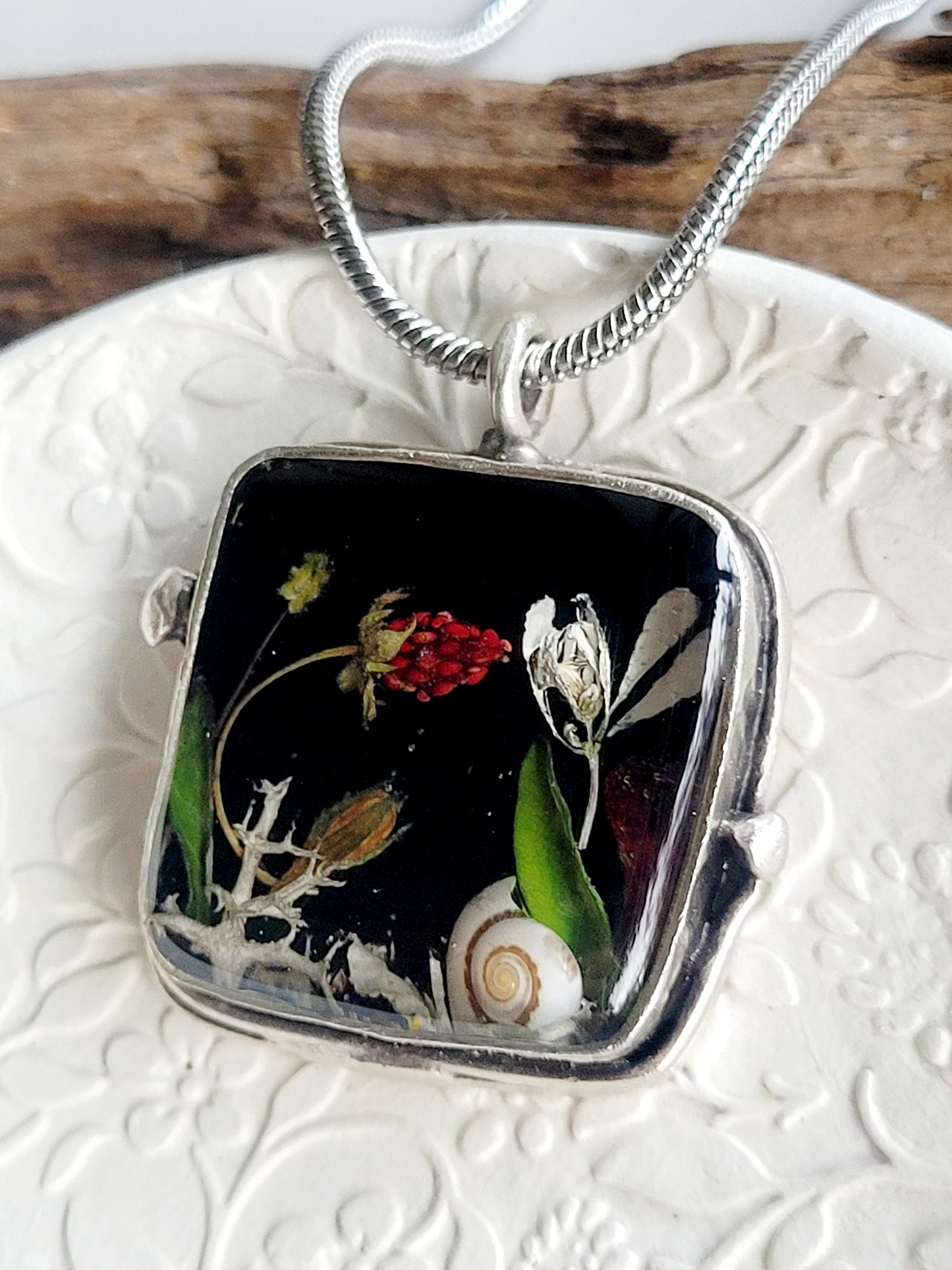 Square botanical handcrafted wild strawberry necklace.
