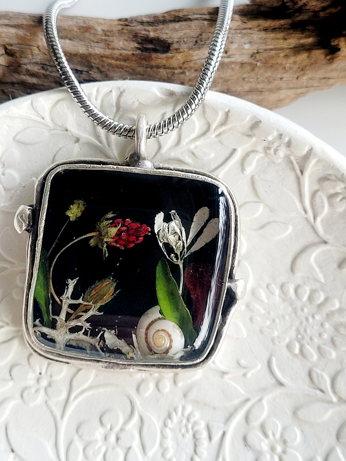 Square botanical handcrafted wild strawberry necklace.