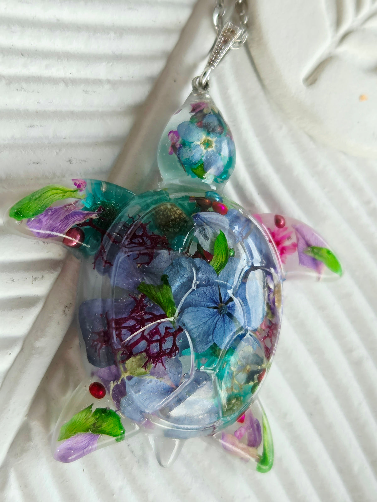 Handcrafted floral turtle necklace with real flowers