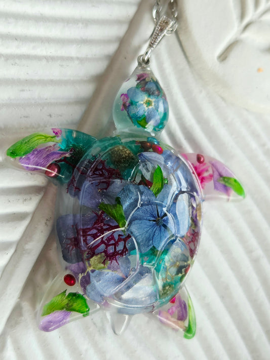 Handcrafted floral turtle necklace with real flowers