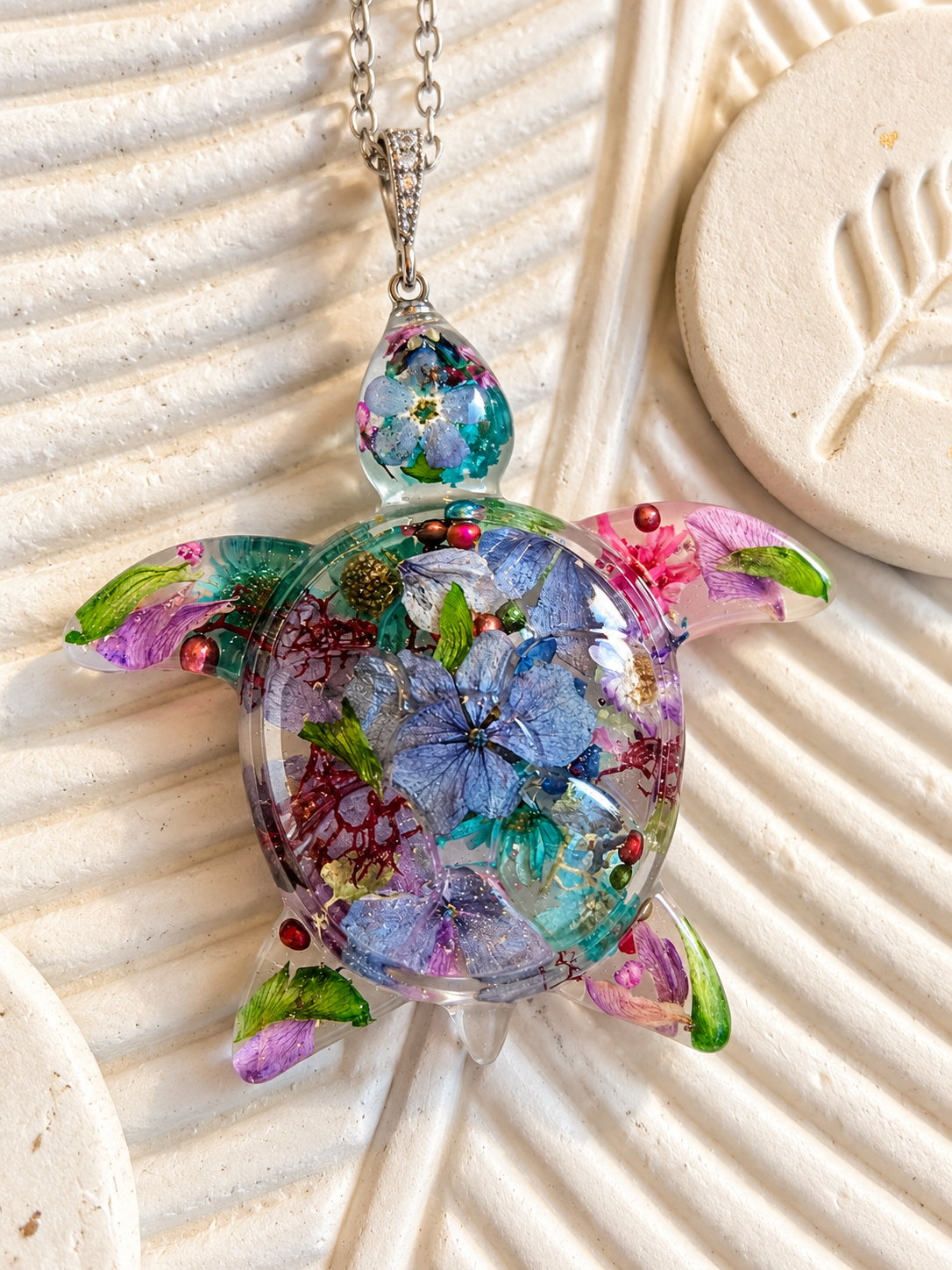 Handcrafted floral turtle necklace with real flowers