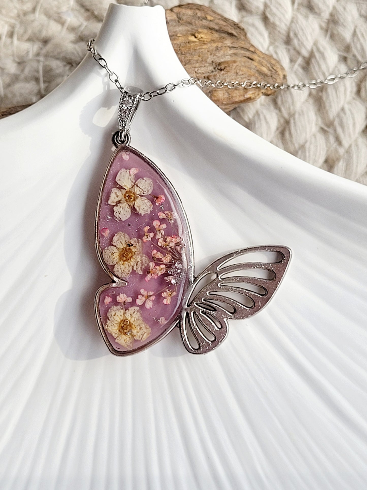 Botanical, handcrafted white and pink butterfly necklac with genuine flowers. Unique gift