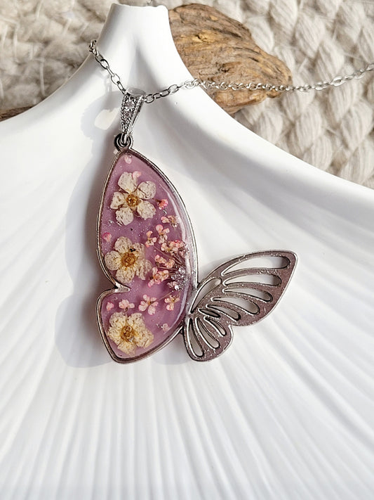 Botanical, handcrafted white and pink butterfly necklac with genuine flowers. Unique gift