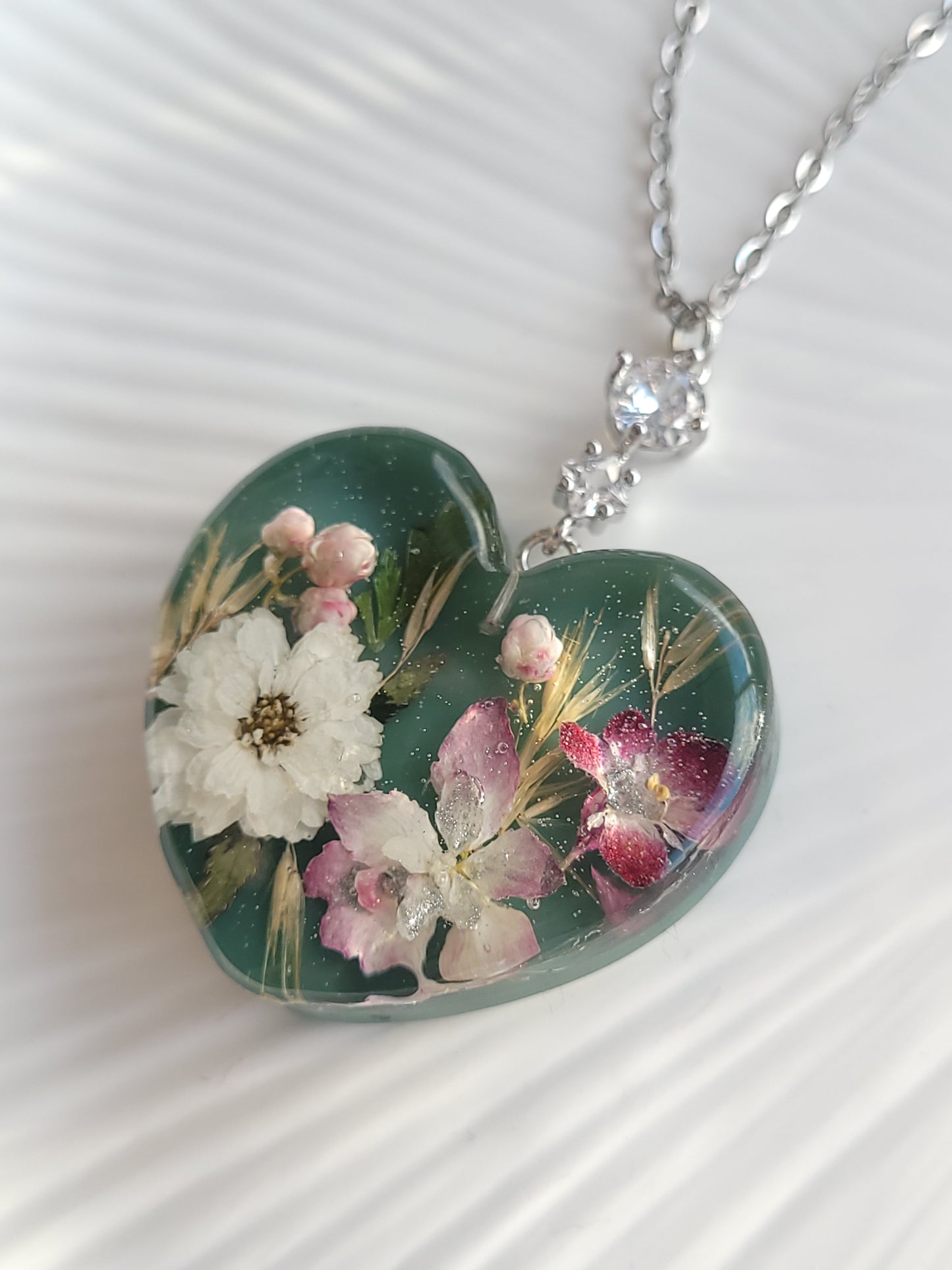 Floral botanical handcrafted heart necklace with genuine hydrangea and white pearl flower