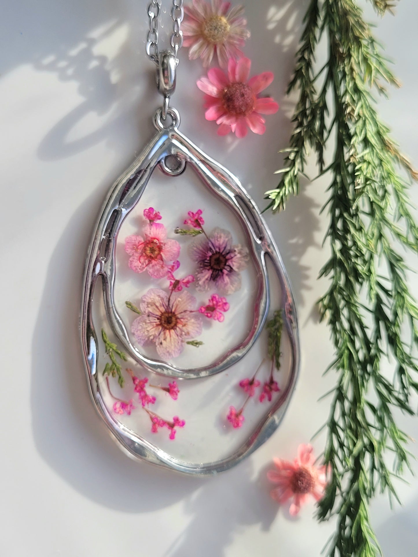 Botanical teardrop necklace with real pressed wildflowers