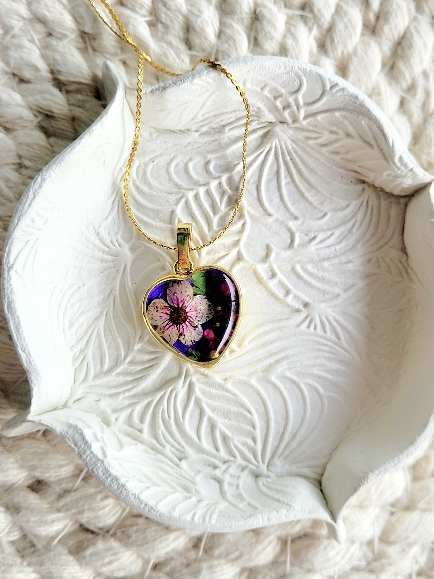 Purple wildflower heart necklace with genuine flowers