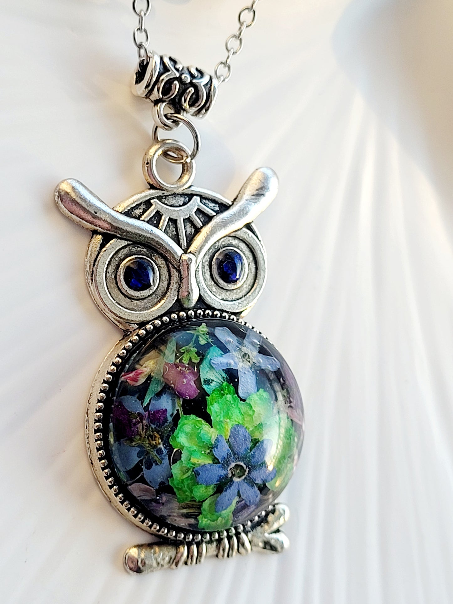 Handmade owl necklace with real foget me not and wildflowers Unique real flower jewelry.