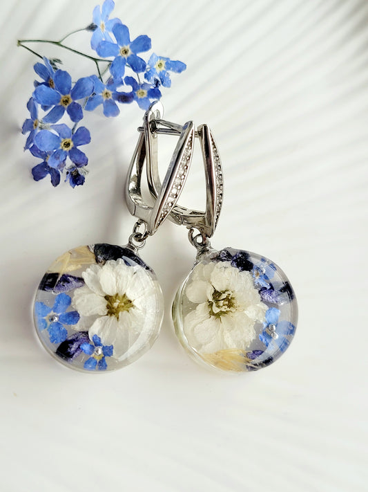 Foget me not and white pearl flower earrings