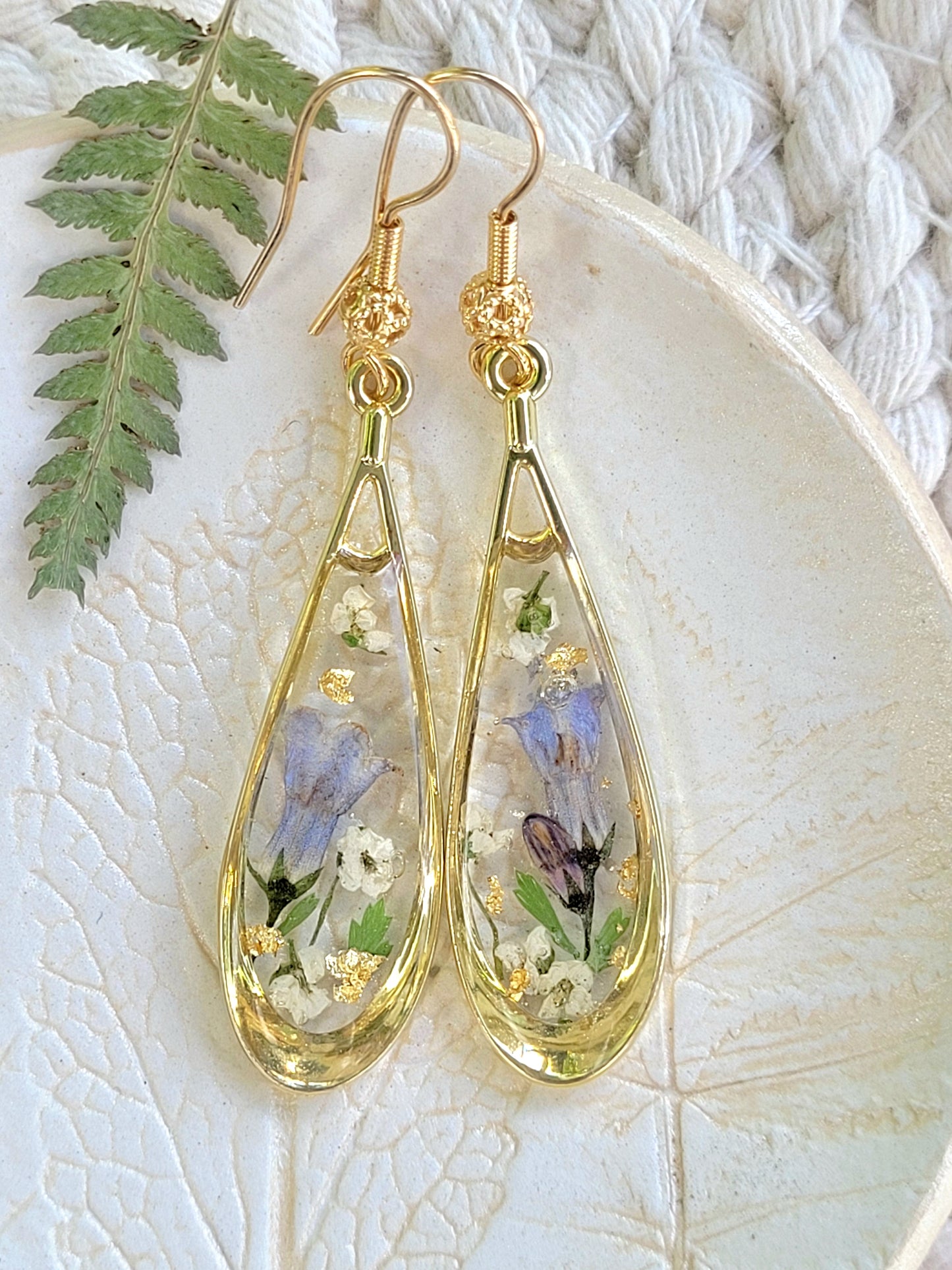 Botanical, handcrafted earrings with real blue bell flowers. Giftf or her. Unique Gift. Tear-drop earrings