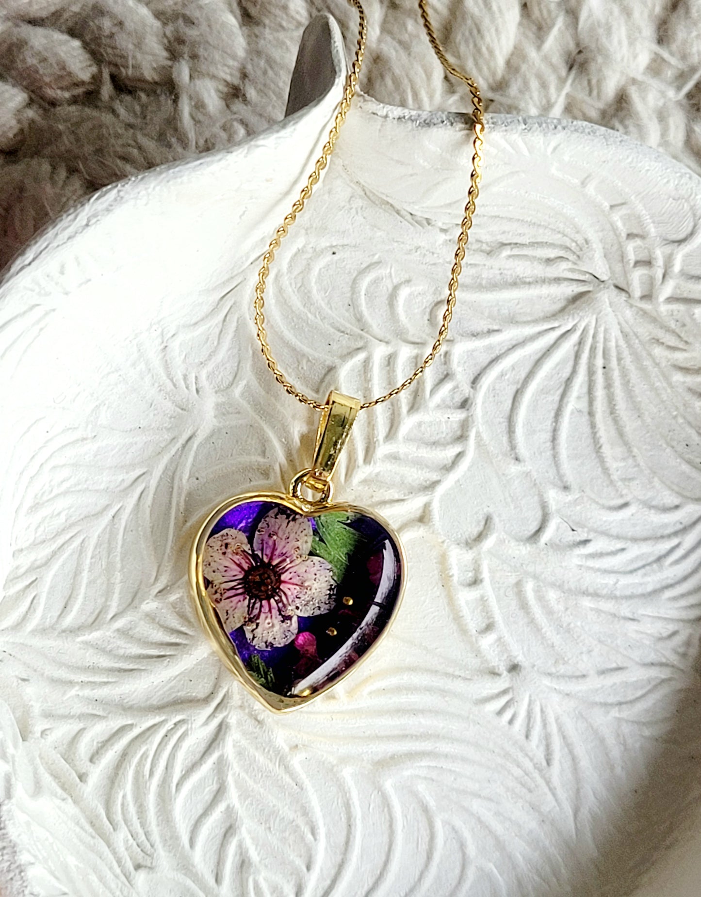 Purple wildflower heart necklace with genuine flowers