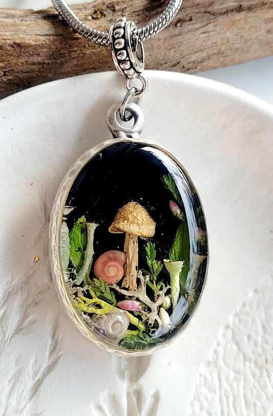 Botanical handcrafted mushroom necklace.