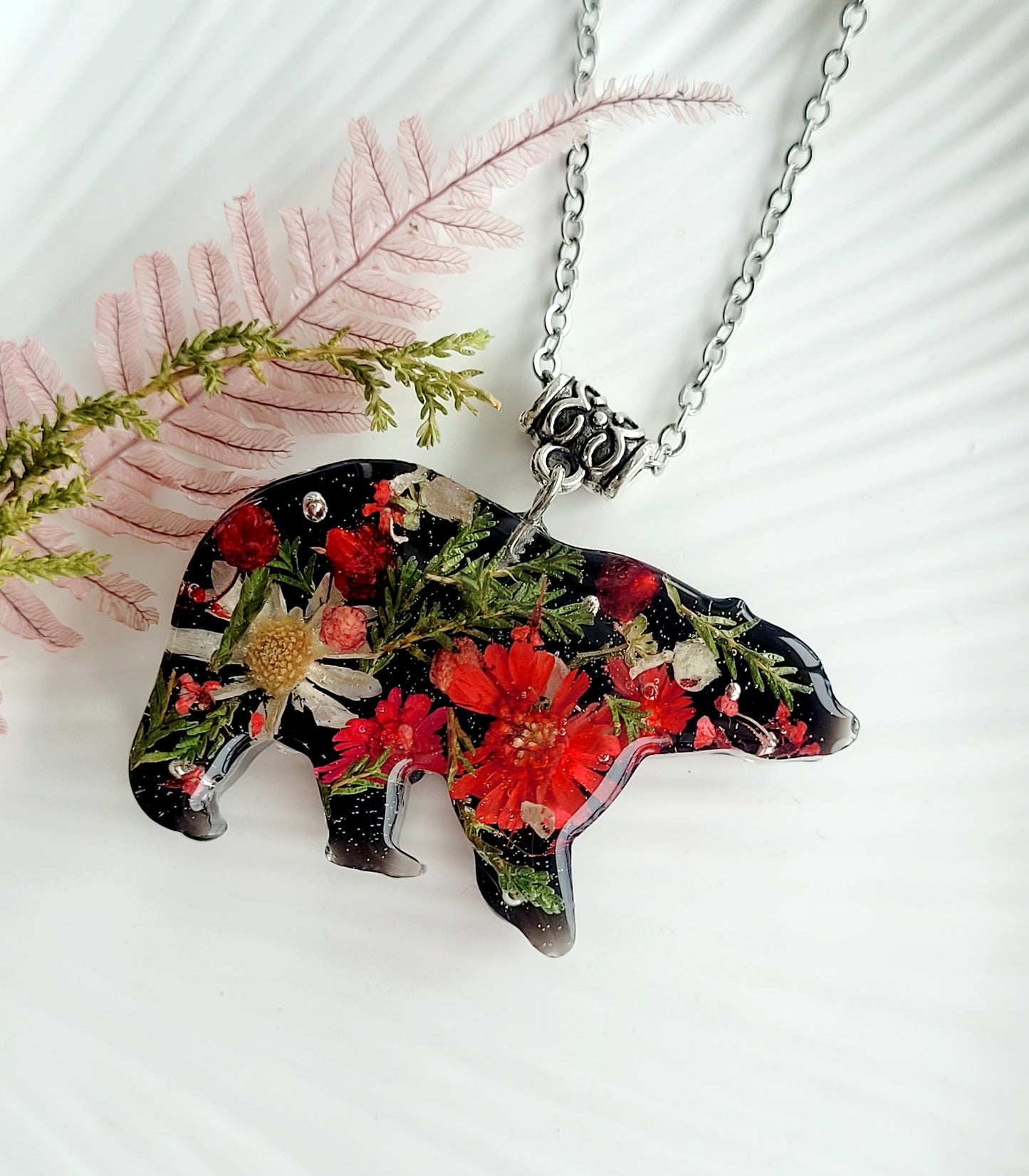 Handcrafted Forest Bear necklace with real flowers