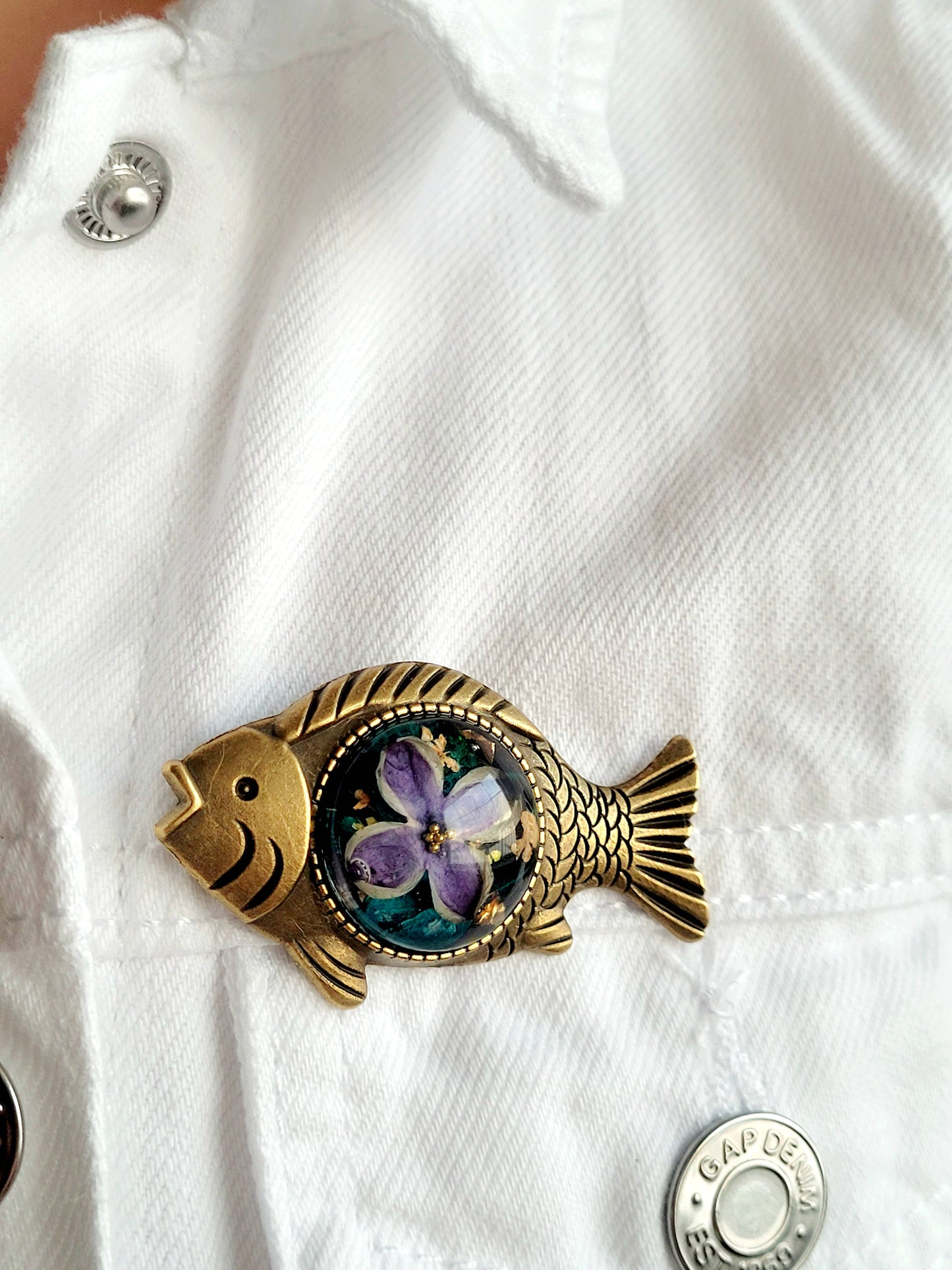 Botanical, handcrafted Lilac fish broach with genuine lilac