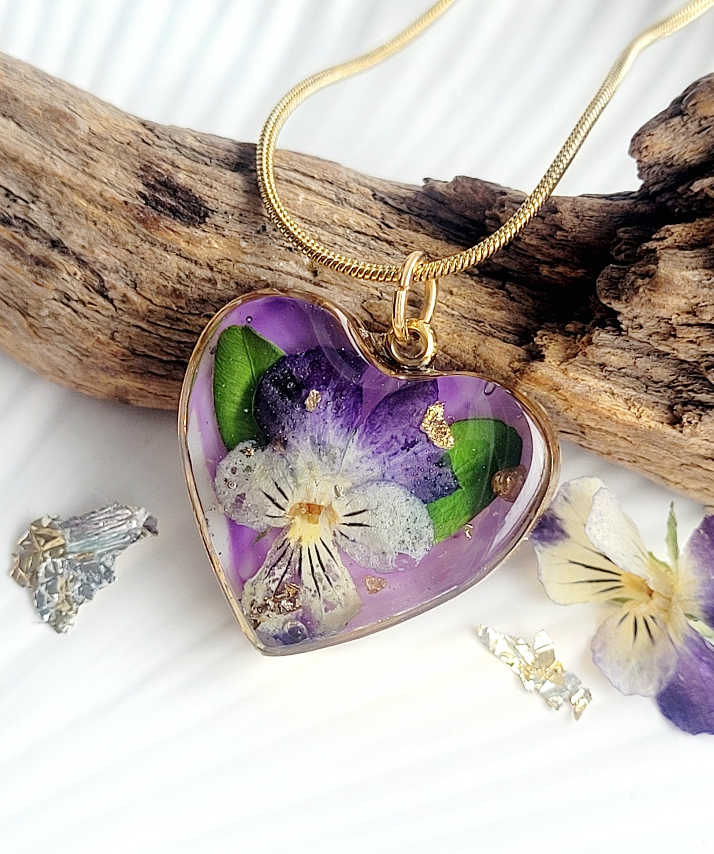 Pansy flower heart necklace