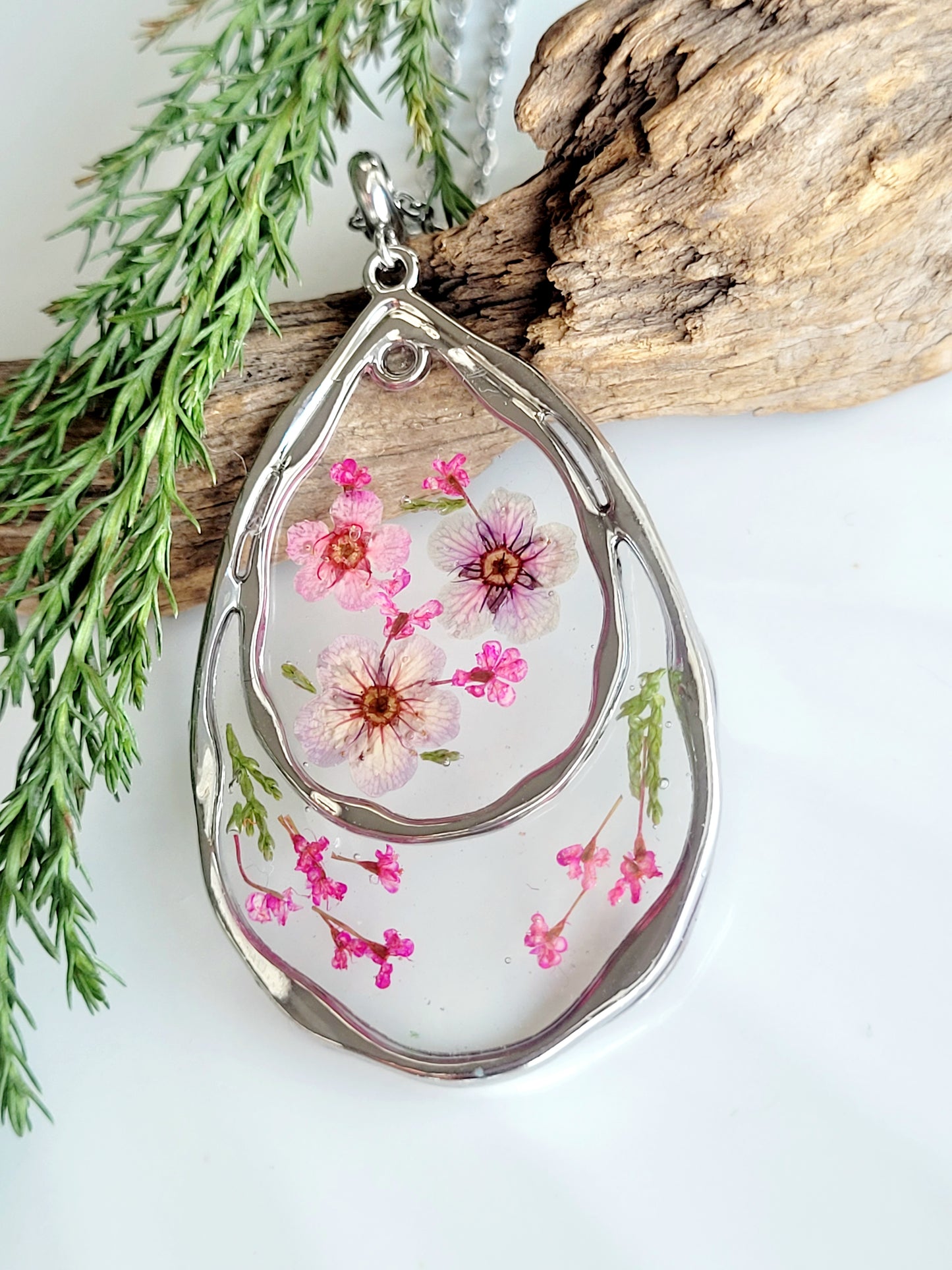 Botanical teardrop necklace with real pressed wildflowers