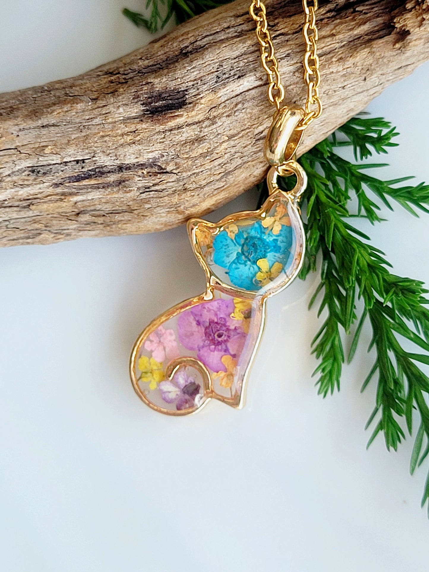 Real flower cat necklace. Kitten charm.Kids accessory. Little girl pendant Flower kitty cat necklace pressed flower necklace gift for a girl