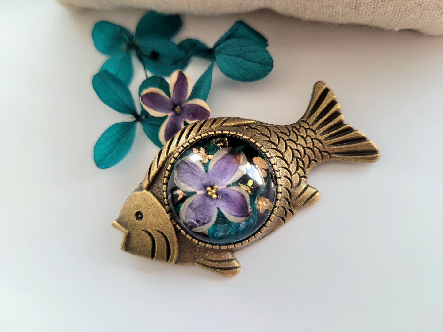 Botanical, handcrafted Lilac fish broach with genuine lilac