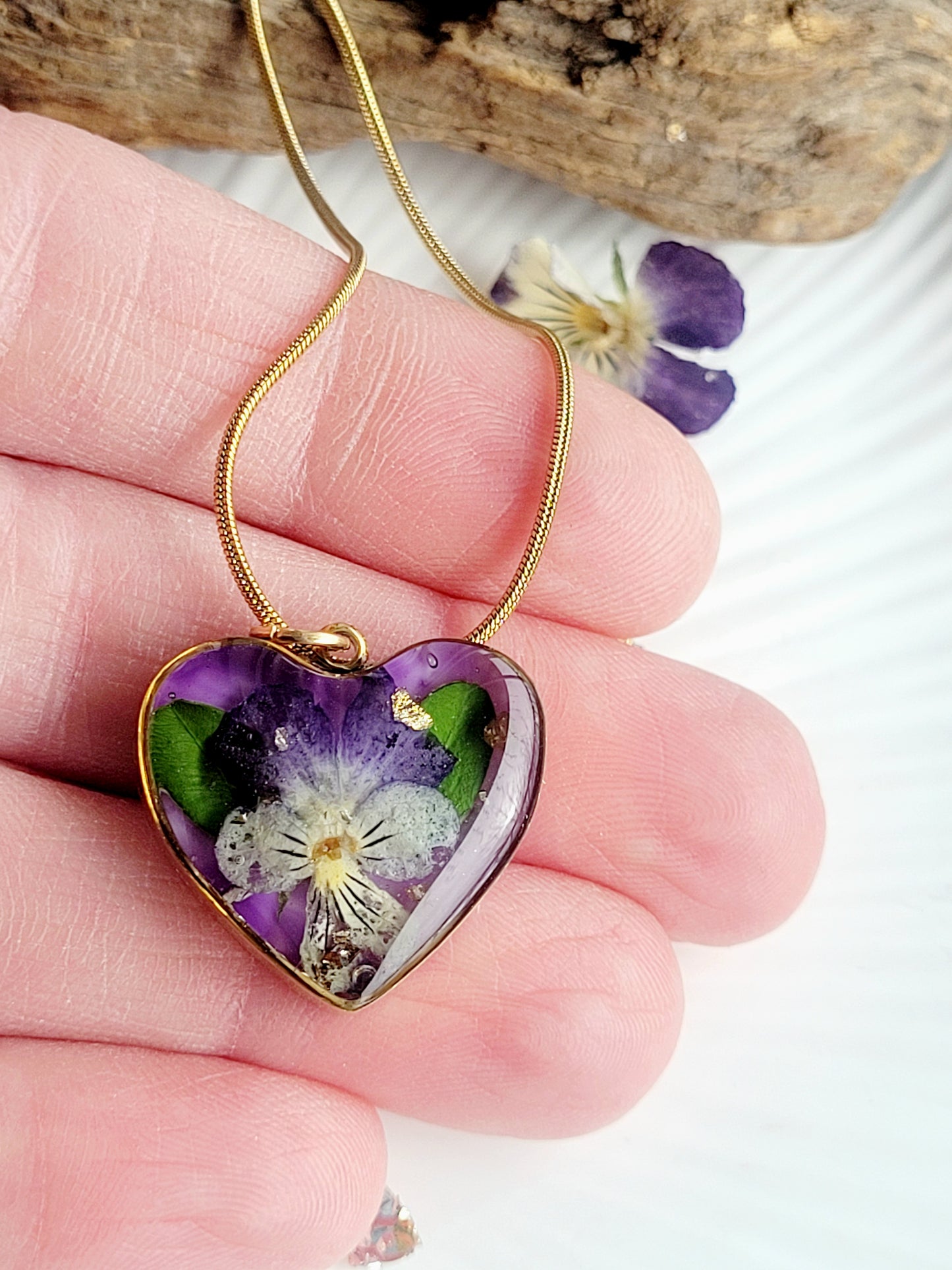 Pansy flower heart necklace