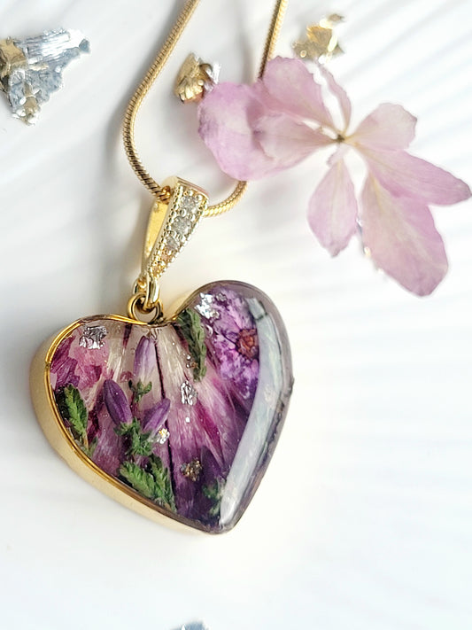Botanical heart necklace with real genuine astroemeria petaland heather. Giftf or her. Handcrafted real flower jewelry