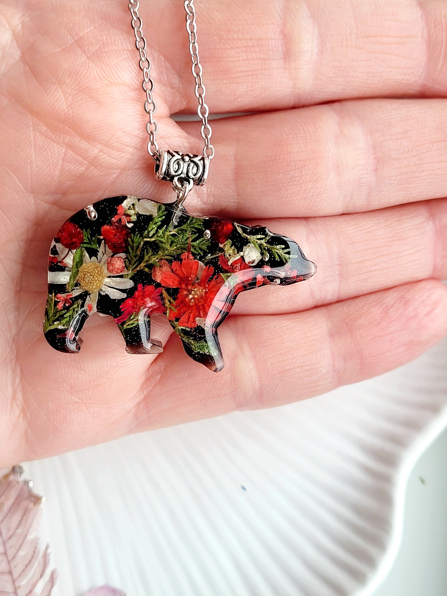 Handcrafted Forest Bear necklace with real flowers