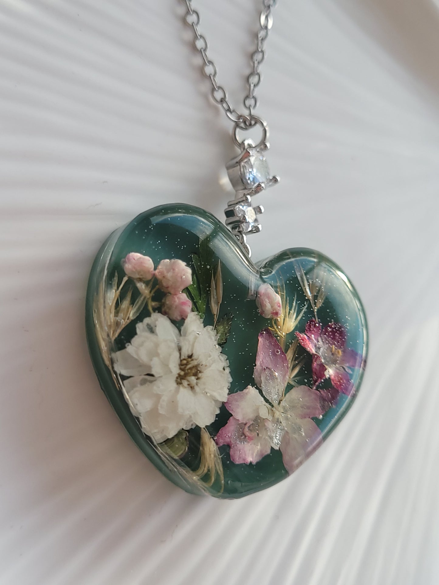 Floral botanical handcrafted heart necklace with genuine hydrangea and white pearl flower