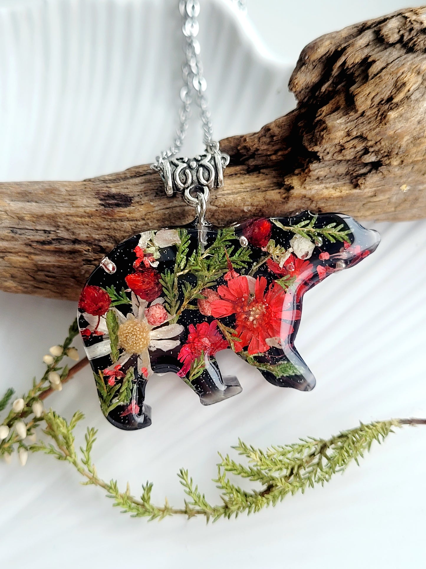 Handcrafted Forest Bear necklace with real flowers