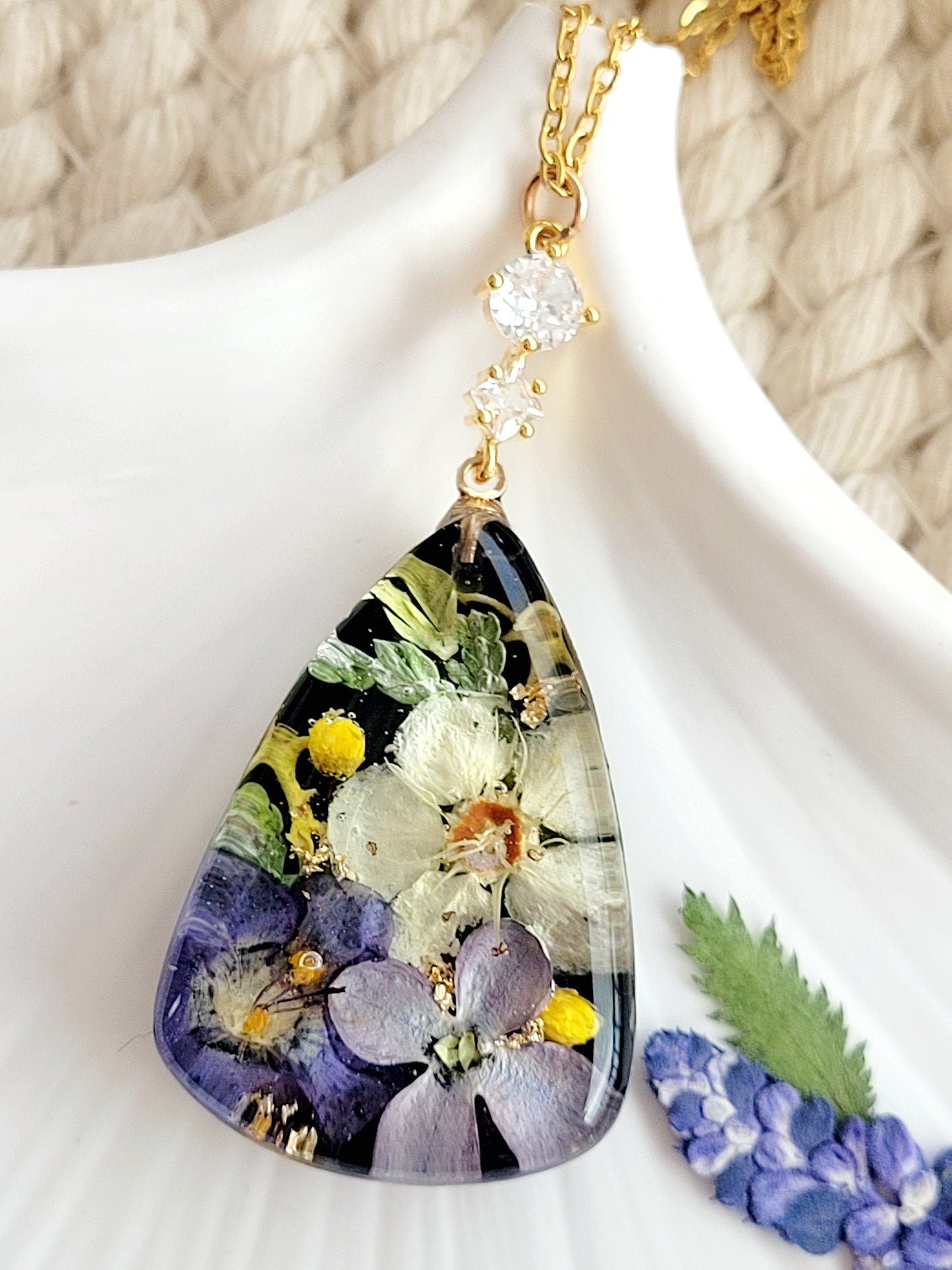 Floral handcrafted tear drop necklace with genuine crabapple and lilac flower