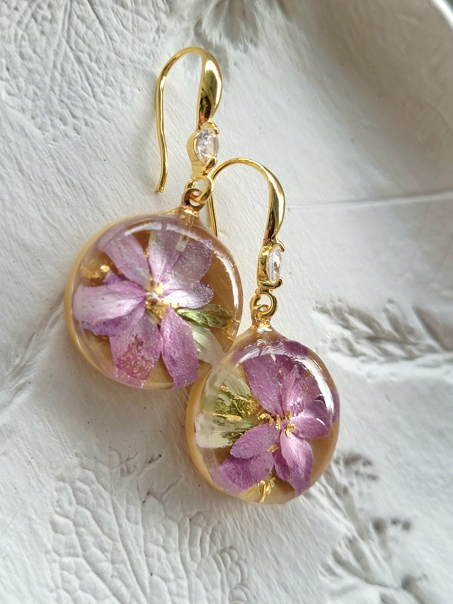 Botanical, handcrafted earrings with real hydrangea flowers. Unique Gift.
