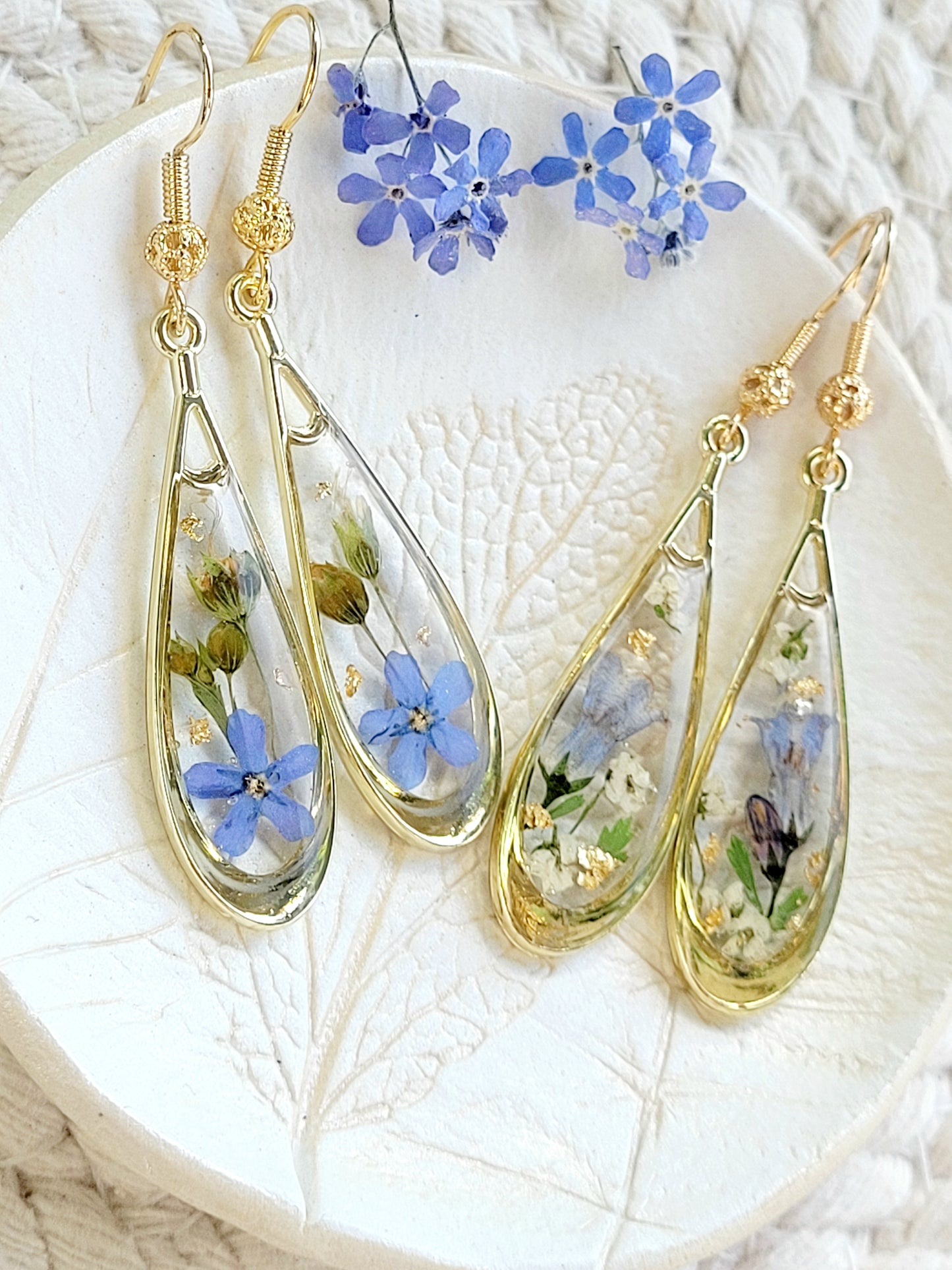 Botanical, handcrafted earrings with real blue bell flowers. Giftf or her. Unique Gift. Tear-drop earrings