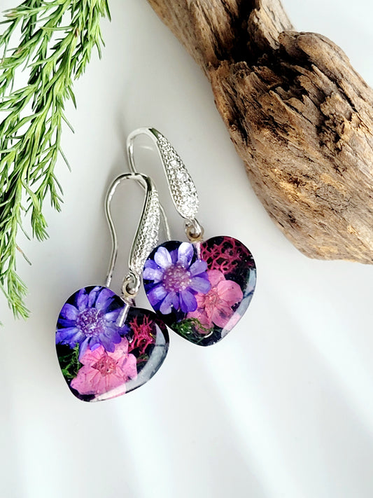 Botanical, handcrafted heart earrings with real flowers. Unique Gift. Cottage core heart earrings. Canadian jewelry