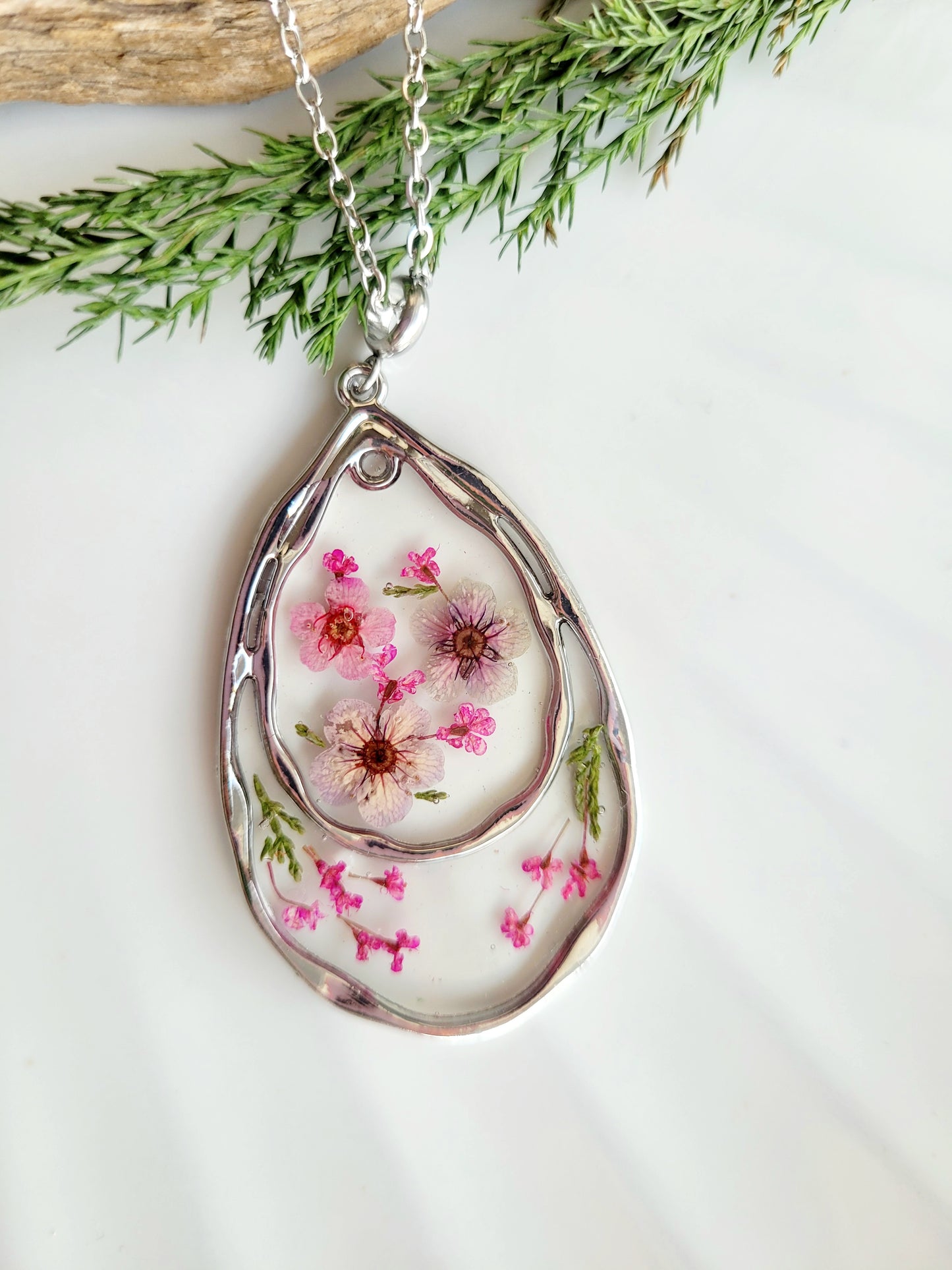 Botanical teardrop necklace with real pressed wildflowers